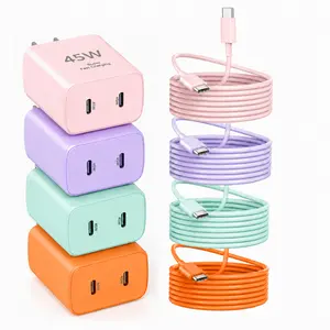 45W Dual USB-C Fast Charger Set with 10FT/3M USB-C Cable for Smartphone iPhone 17/17ProMax/17Pro/16e/16Pro/16ProMax/16/15/15Pro/15ProMax/, Samsung Galaxy S26+/S25+/S24, Pink/Purple/Green/Orange/White