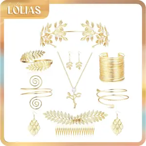 LOLIAS Women's 9-Pcs Elegant Greek Goddess Costume Accessories Set - Golden Laurel Leaf Crown Headband, Upper Arm Coil Bracelet, Pearl Leaf Dangle Earrings, Artificial Pearl Necklace for Bridal Weddings