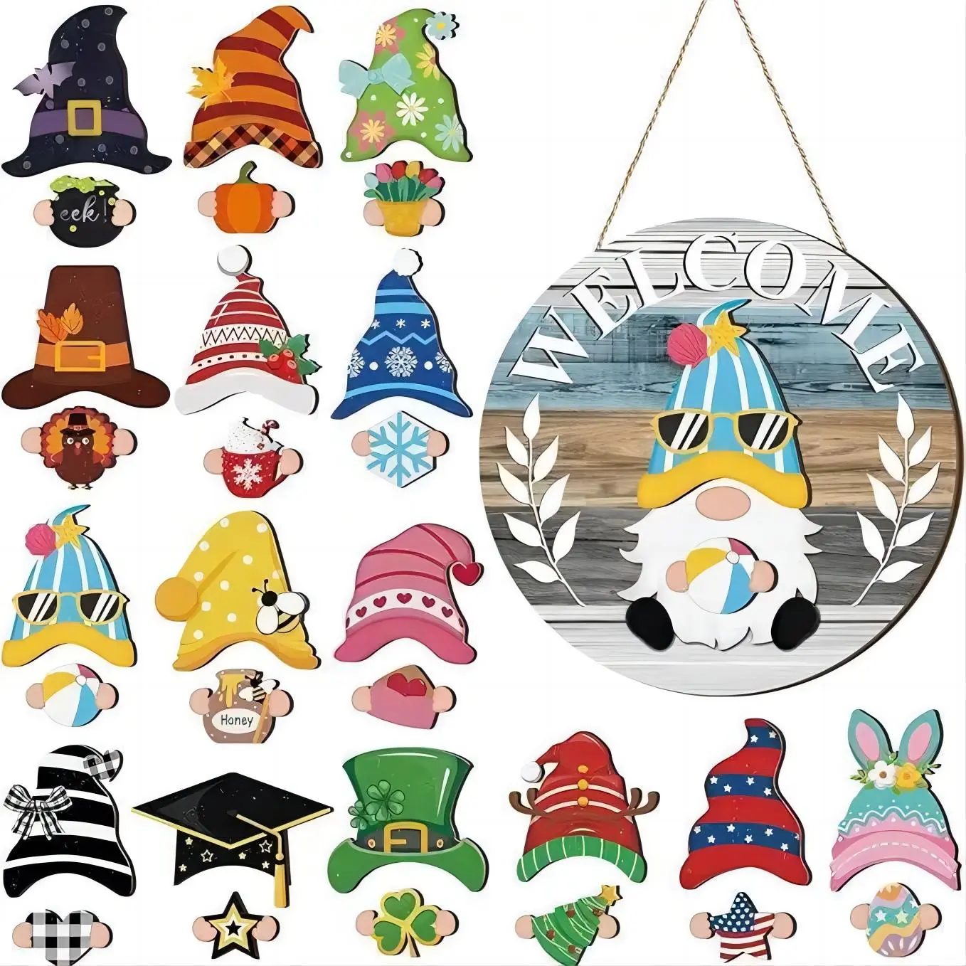 Year-Round Home Decor 31Pcs Interchangeable Wooden Gnome Welcome Sign for Door Decorations, Party Decoration, Wooden Decorative Ornaments, Little Gnomes Ornaments, with Magnet Detachable Hats and Hands, Festive Gnome Figures, Hanging Loop for Christmas