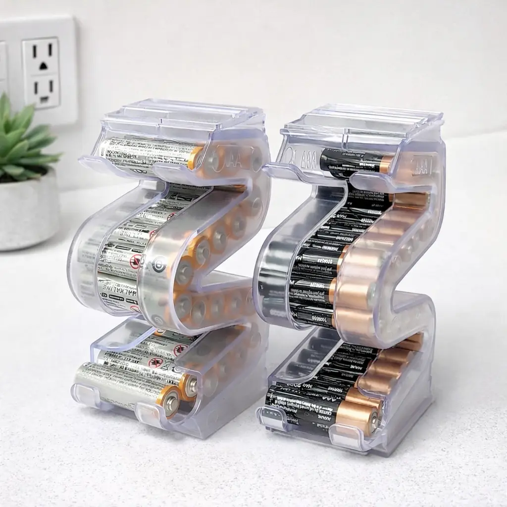 Plastic 2-Pack Compact Customizable Battery Storage Set, FIFO Design Space-Saving Organizer Boxes, Holds 20 AA & 28 AAA Batteries for Efficient Home Storage