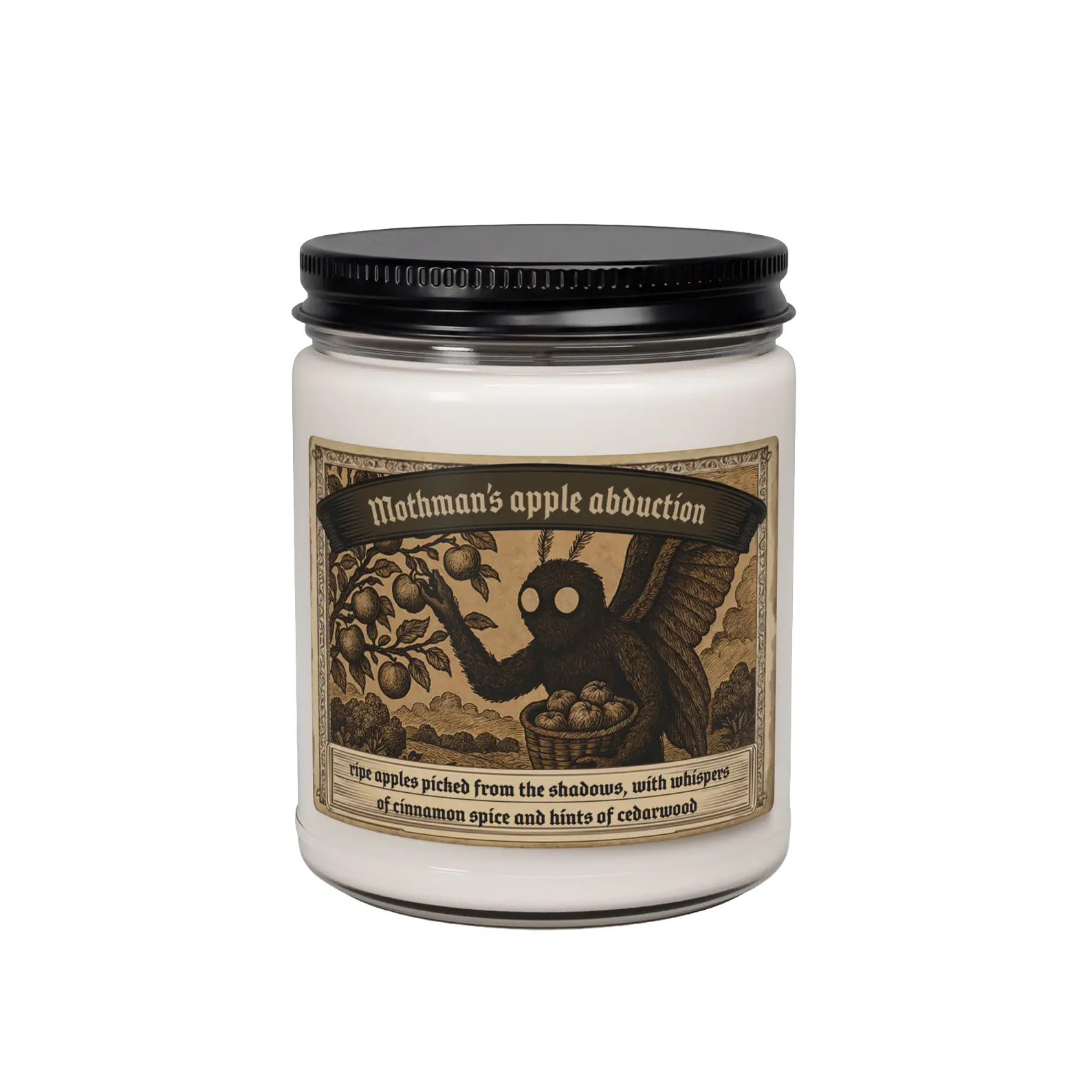 Mothman's Apple Abduction scented candle - Apple Spice Fragrance, Paranormal Home Decor, Gift for Cryptid Enthusiasts, Jar Candle