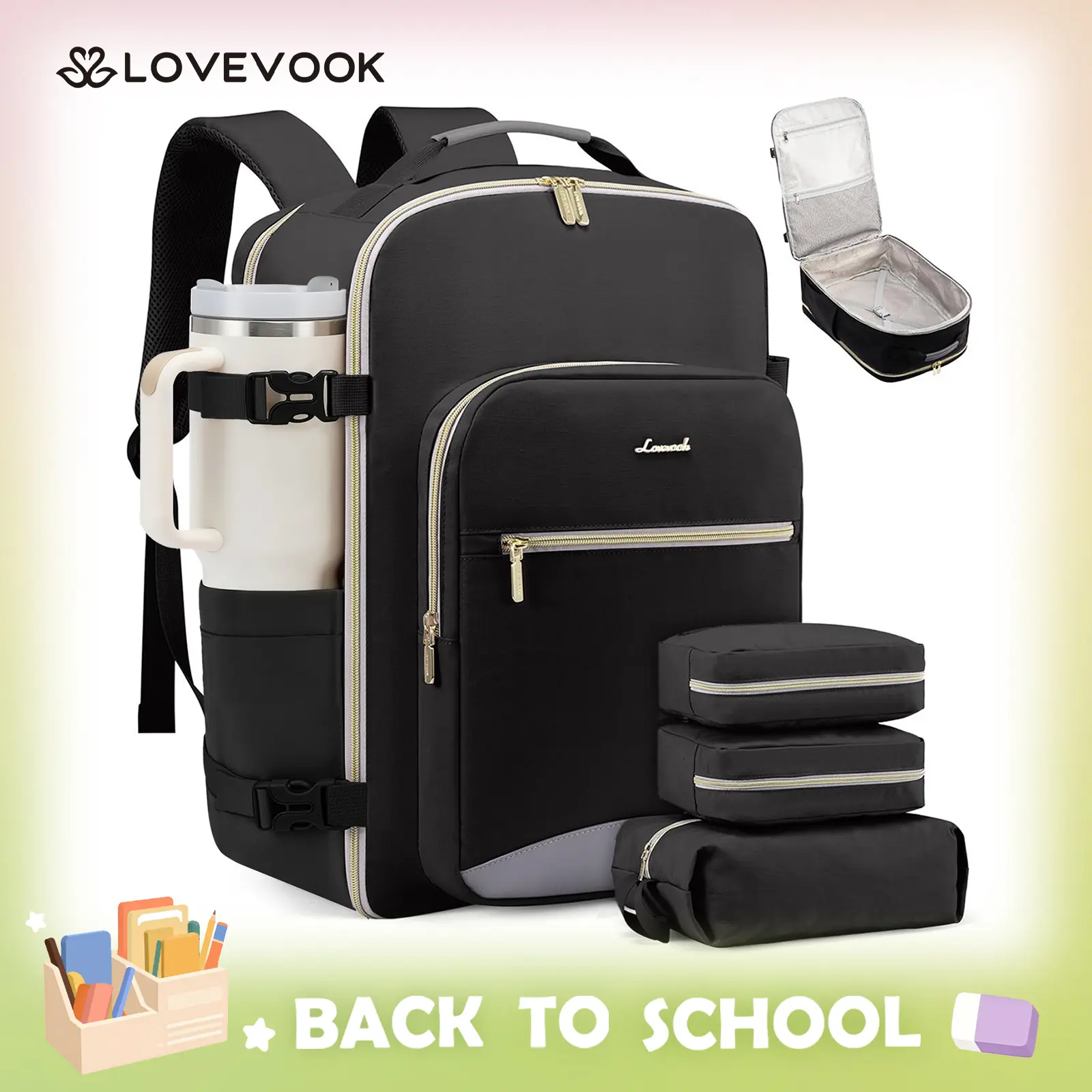 LOVEVOOK TSA-Friendly Carry-On Travel Backpack with 3 Packing Cubes and Laptop Compartment-Personal Item, Airline Approved Travel Bag for Hiking, Travel Essentials, Overnight and Weekend Trips. TikTokShopBackToSchool