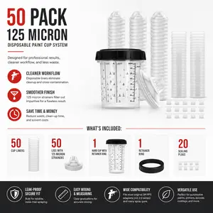 PPS Disposable Paint Spray Gun Cup Liners & Lid System – 50 Pack, 125 Micron, Universal Fit for Paint Preparation, No Mess, Easy Cleanup, for Auto & Wood Painting