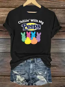 Women's Cute Bunny & Hens Easter Chickens Lettering T-Shirt - Spring Farm Life Casual Short Sleeve Round Neck Blouse for Casual Attire & Easter Outfits - Machine Washable - Top 0000nn000007395304