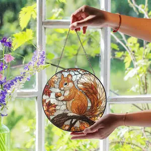 Squirrel Stained Glass Suncatcher, Squirrel Holding a Nut, Handmade Woodland Animal Decor, Rustic Wildlife Gift, Nature Lover Wall Art