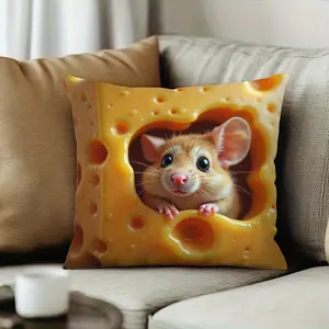 A cute mouse-shaped cheese cushion, short plush pillowcase, single-sided printing, zipper closure, machine washable polyester - perfect for home, office, and room decoration, mouse-shaped decor, humorous design, zipper pillowcase