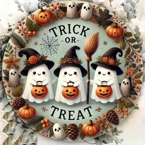 Halloween-themed round metal signage, 8-inch Halloween ghost and pumpkin pattern hanging signage, suitable for home, restaurant, bar, coffee shop, garage decoration