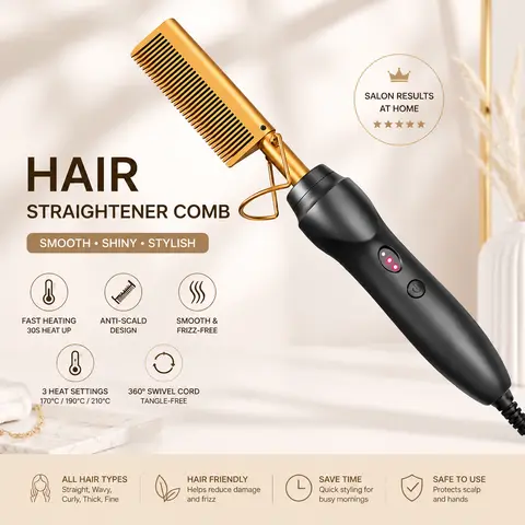Flawless Electric Hot Comb Hair Styler - 440W Power, 30s Fast-Heating, 3 Heat Settings, Adjustable Section Comb Curlers & Straighteners, Volumizing, Frizz Control, 5-Piece Kit with Storage, for All Hair Types & Wigs