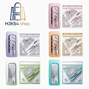 8Pcs Math Geometry Set, Compass & Ruler Kit with Anti-Myopia Rulers, Cute Pastel Stationery for Students School Office, Metal Case Math Drawing Tools