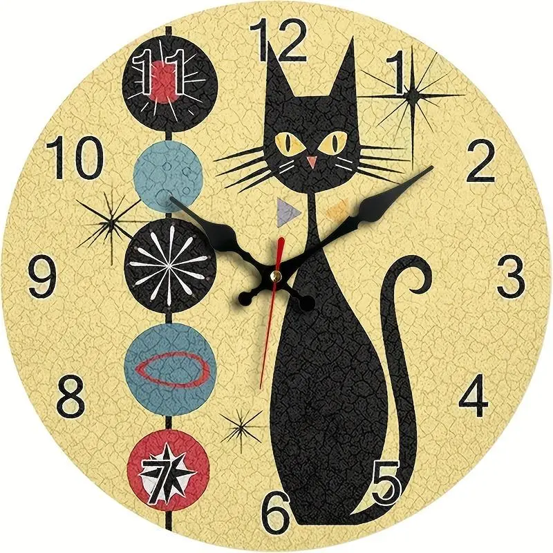 1pc, Modern Cool Cat Wall Clock in a Medieval Style, Silent Quartz Round Wooden Clock, Suitable for Decorating Bedrooms, Living Rooms, Offices, Kitchens, And Bathrooms, Battery-Operated (Batteries Not Included)