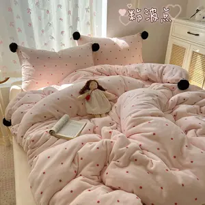 3-Piece Plush Soft Winter Bedding Set, Soft Bedding Sets, Pink/Blue Polka Dot Design, Single Double Queen Sizes, Cute Sweet Style for Girls Room Decor can be used as Blanket  Christmas Gifts