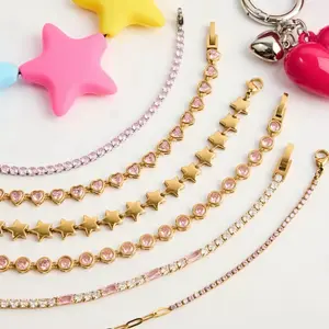 Pink Tennis Chain Bracelet 18k Gold-Plated Stainless Steel Jewelry with Heart & Star Charms for Daily Wear