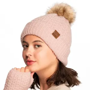 C.C Elegant Smocking Stitch Pattern Beanie with Pom for Women - Stylishly Textured and Warm Winter Accessory casual knit hat faux Fur Pom Beanie