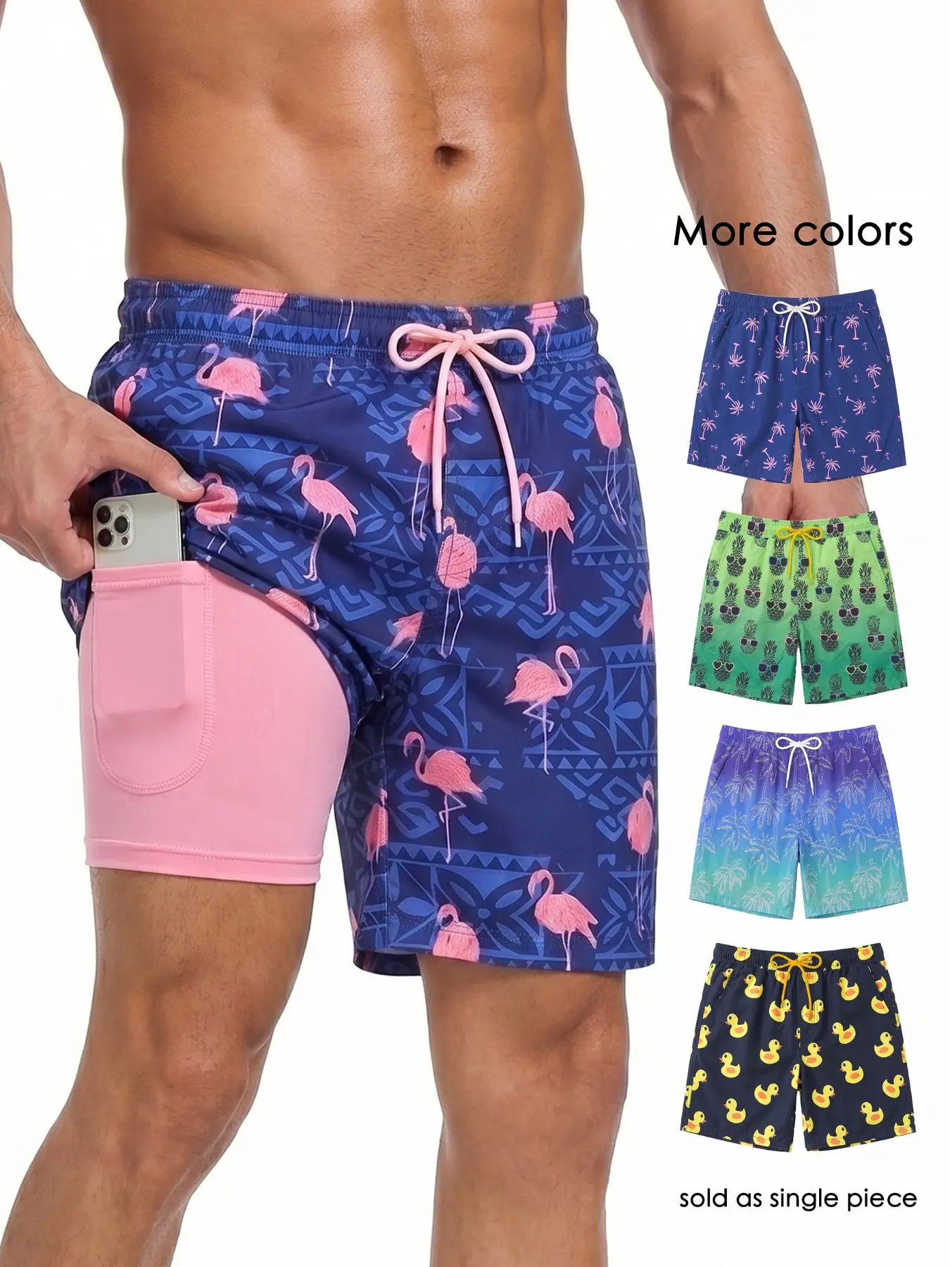 Men's 2-in-1 Compression-Lining Swim Trunks, 7-Inch Quick-Dry Beach Shorts with Sporty Geometric Design, Pockets Swimming Shorts, Swimwear Shorts