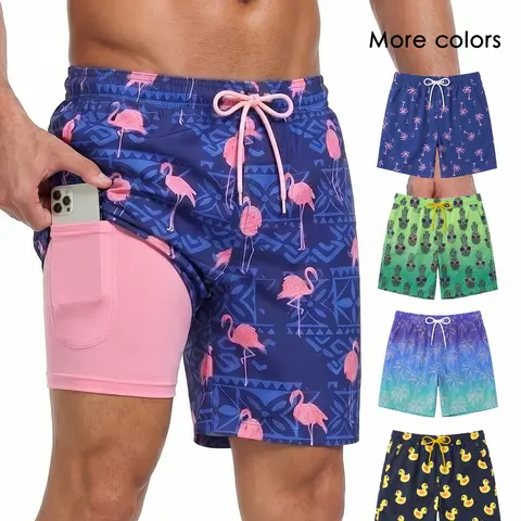 Men's 2-in-1 Compression-Lining Swim Trunks, 7-Inch Quick-Dry Beach Shorts with Sporty Geometric Design, Pockets Swimming Shorts, Swimwear Shorts