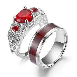 Couples' Ring Set: Women's Heart-Shaped Ruby Ring & Men's Stainless Steel Ring — Matching Red Design for Him & Her | Celtic Dragon Motif | Wedding, Anniversary, Engagement, and Promise Rings | Bridal Set