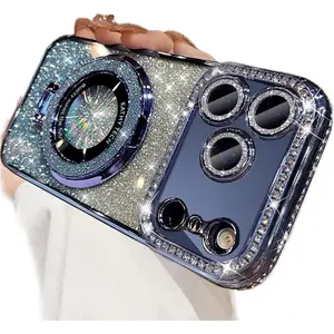 Phone Cases for iPhone 17 Pro Max 16 15 14 13 12 Pro Max Plus Magnetic Kickstand Case, [Compatible with Magsafe] Bling Glitter Diamond Rhinestone Ring Holder Camera Protector for Girls Woman Cute Cover for iPhone 17 Pro Max