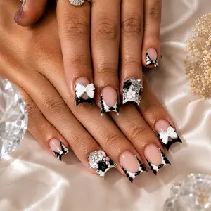 24PCS French Tip Press-On Nails – Short Square False Nails with Bow Charms, Zebra Print, Flowers & Rhinestones for Women