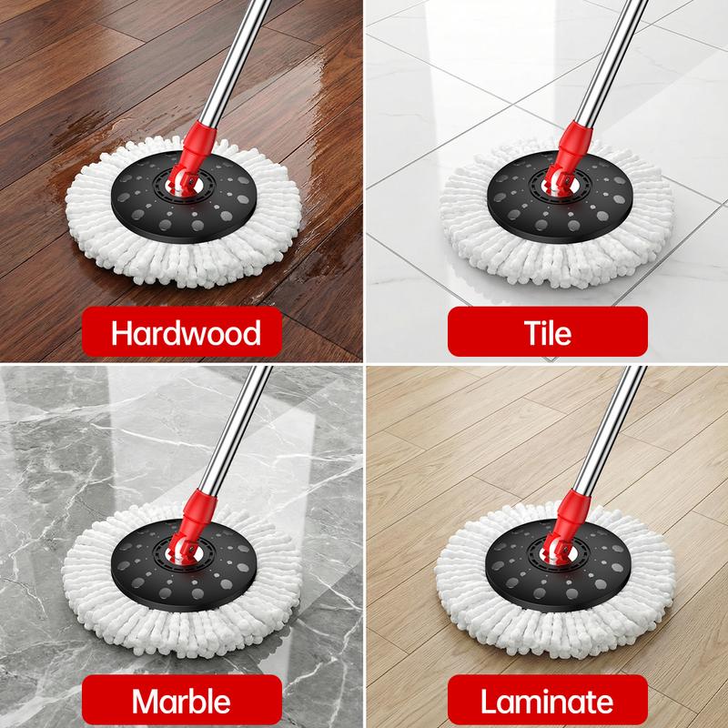 new Stainless steel rotating mop set, including 3 replacement mop heads and an extendable handle, for convenient cleaning, featuring a rotating design. Black and red two-tone mop bucket set. Rotating mop bucket set. commercial mop