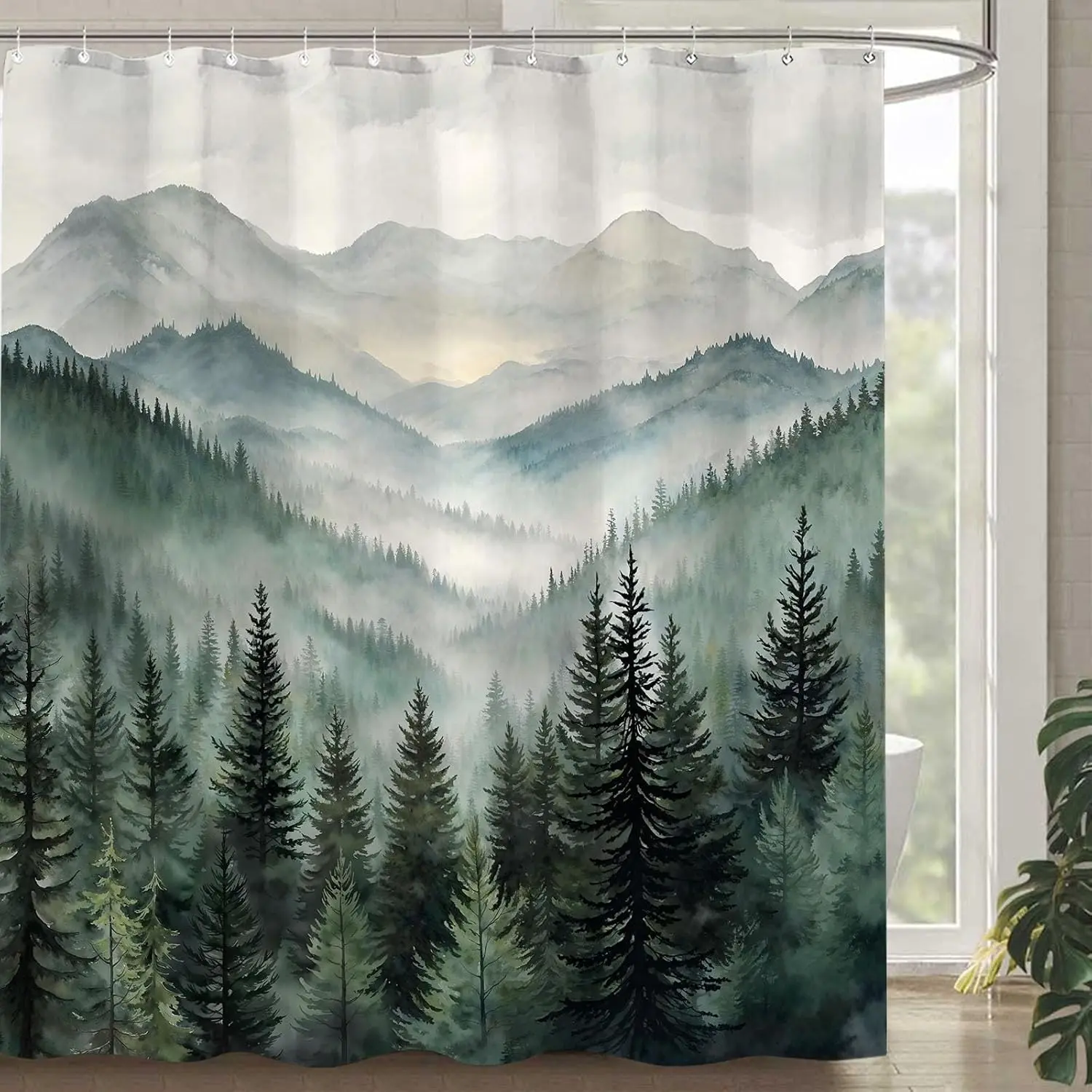 Forest Mountain Shower Curtain Dark Green Nature Misty Pine Tree Shower Curtains for Bathroom Foggy Rustic Woodland Decorative Waterproof Fabric Bath Curtain