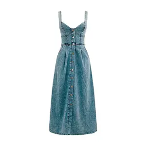 2025 Spring Summer European American Sleeveless Backless Button Up Denim Long Dress with Pockets for Casual Party Beach Club Women's Chic Comfy Cotton Dress