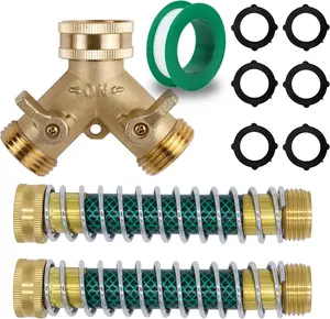 3/4" Brass 2-Way Garden Hose Splitter with Coiled Spring Protectors – Heavy Duty Y Connector Includes 2 Hose Protectors & 6 Rubber Washers