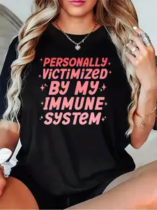 Women'S Autoimmune Disease Awareness T-Shirt - "Personally Victimized by My Immune System" Slogan, Navy Blue & 4 Colors (Black/Grey/White/Dark Red) - Casual Round Neck Short Sleeve Tee for Lupus, Rheumatoid Support & Chronic Illness Advocacy Apparel