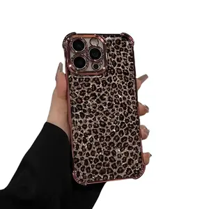 Brown leopard print Pattern Four-corner drop-proof TPU phone case for iPhone 16 15 14 Pro Max 13 12 11 XR XS Plus fashion shockproof full camera protection durable slim silicone case mobile phone case,durable phone accessory girly iphone cases