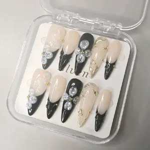 Elegant Black and Cream Floral Stiletto Handmade Press On Nails Set