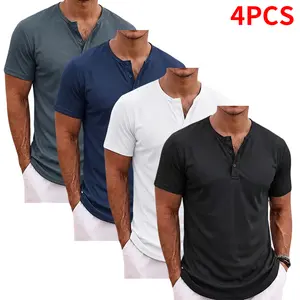 4-piece set Men’s Fashion Henley Shirts – Casual short-sleeve T-shirts with button details, breathable moisture-wicking polyester blend, perfect for casual wear, golf, fishing, training, and home use,summervibes