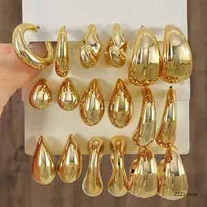 Chunky Gold Hoop Earrings Set for Women, Minimalist Liquid Lava Teardrop Studs, Aesthetic Wide Smooth Dome Geometric Wavy C Shaped Dangle Jewelry Gift Daily