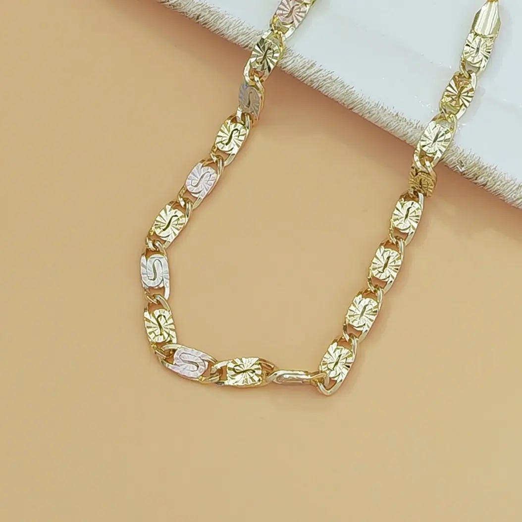 14K Gold Tri-Color Mariner Link Bracelet for Women LC03CC6260 Polished Floral Engraved Three Tone Gold Chain Bracelet Dainty Jewelry Gift for Her Size 18.5cm