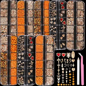 8 Boxes Nail Charms Set, with Gold Nail Charms and Gold Nail Gems, Nail Pearls Resin Rhinestones for Bedazzling &Nail Art Tools, 3D Cross Nail Charms Heart Gold Charms for Nails Art Supplies Kit