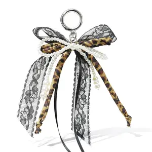 Cute Bow Keychain for Women Leopard Pearl Bow Bag Charms Purse Charms for Handbags Beaded Accessories Gifts