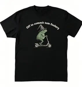 Unisex Off To Commit Tom Foolery Witch Hat Frog Scooter Graphic T-Shirt, Soft Breathable Loose Fit Crew Neck Tee, Vintage Printed Craft summervibes Casual Top, Whimsical Silly Amphibian Humor Shirt For Men Women