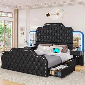 Sikaic Queen Size 53” Tall Platform Bed Frame with 4 Storage Drawers, PU Leather Upholstered Queen Bed Frame with Deep Button Tufted Headboard and Footboard, Built in Charging Station & LED