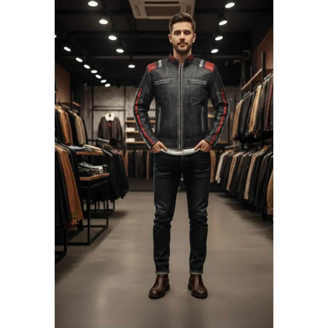 Vintage Distressed Leather Jacket V3V1 Black & Red