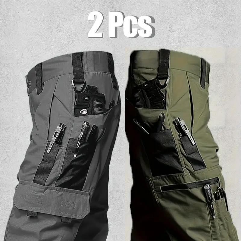 Men's durable outdoor training pants, men's multi-pocket work pants, men's solid color and printed pocket zipper waterproof tactical cargo pants without belt, regular fit sports pocket durable autumn pants.