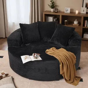 CAODOC Oversized Round Chaise Lounge Couch Boneless Plush Corduroy Sponge Single Sofa Fluffy Modern Sleeper Chair for Living Room Lounge and Projection Room Wide Armrest Lounge Chair Armchair with Pillow