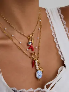 Ladies Necklace Pearl Beaded Chain Round Sailor Buckle Stainless Steel 18k Gold Plated Waterproof And Anti Allergy Jewelry Elegant Baroque Simple Jewelry Dangling Pearl Necklace