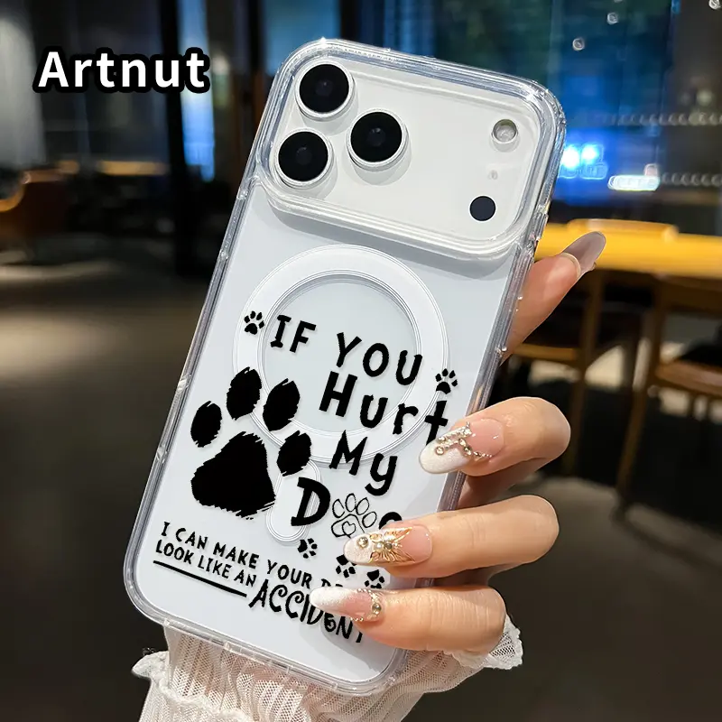 Magnetic Phone Case for iPhone 17 16  Pro Max Plus 15 14 13 12 11 Air E Dog Paw Vow Pattern Acrylic Back Silicone Edges Waterproof Mobile Phone Cover for Girl