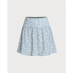 rihoas Women's Cute Chic Blue Floral A-Line Mini Skirt, Zipper-Closure Design, Versatile for Pairing with Blouses, Premium Fabric