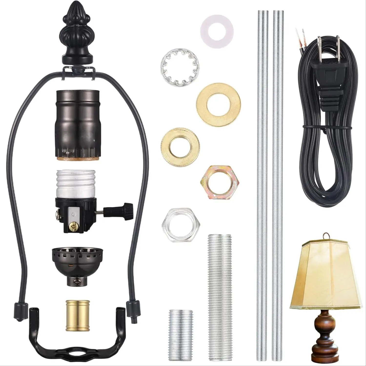 2 Set Lamp Rewire Kit Make a Lamp or Repair Kit with 8'' Harp 12" Tube Pipe 3 Way Socket 8 ft Cord and All Hardware Parts for DIY Antique Table Centerpiece Design(Black)