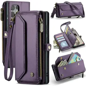 Ladies' crossbody zipper shoulder bag shockproof phone case suitable for Samsung Galaxy  S26 S25 S24 S23 S22Ultra/ S25 S24 S23 S22Plus /A72 A71 4G A55 A54 A53 5G  Magnetic suction multi card residue with long shoulder rope and wrist rope multifunctional f