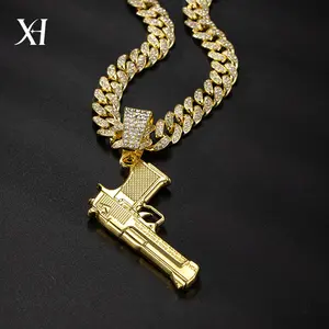 Alloy diamond-encrusted Cuban chain with classic pistol pendant hip-hop jewelry
