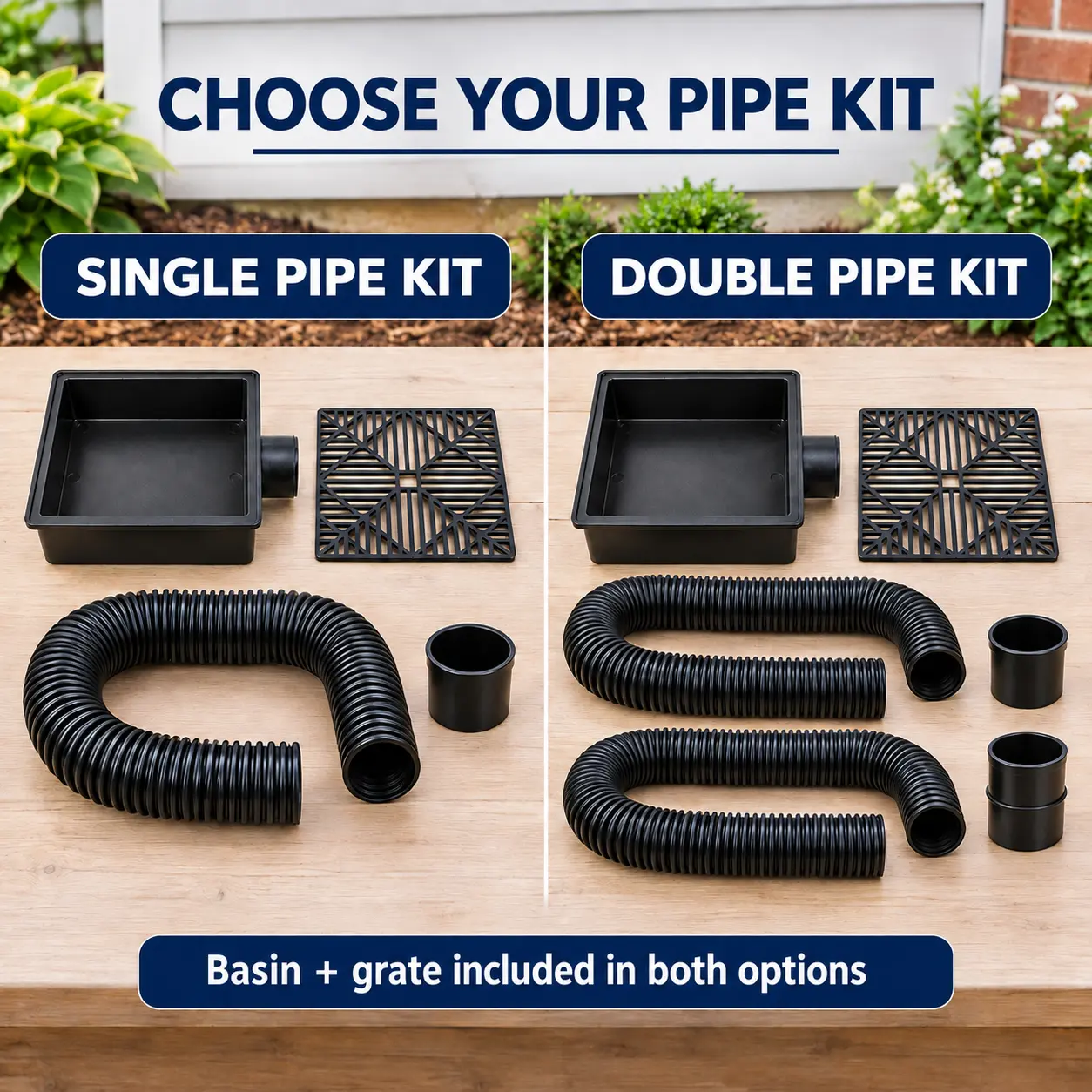 Gutter Downspout Extension Drainage Kit, Catch Basin with Removable Grate, 1-Pipe or 2-Pipe Options, Flexible Expandable Drain Hose for Rainwater Runoff, Yard, Lawn & Garden, Black