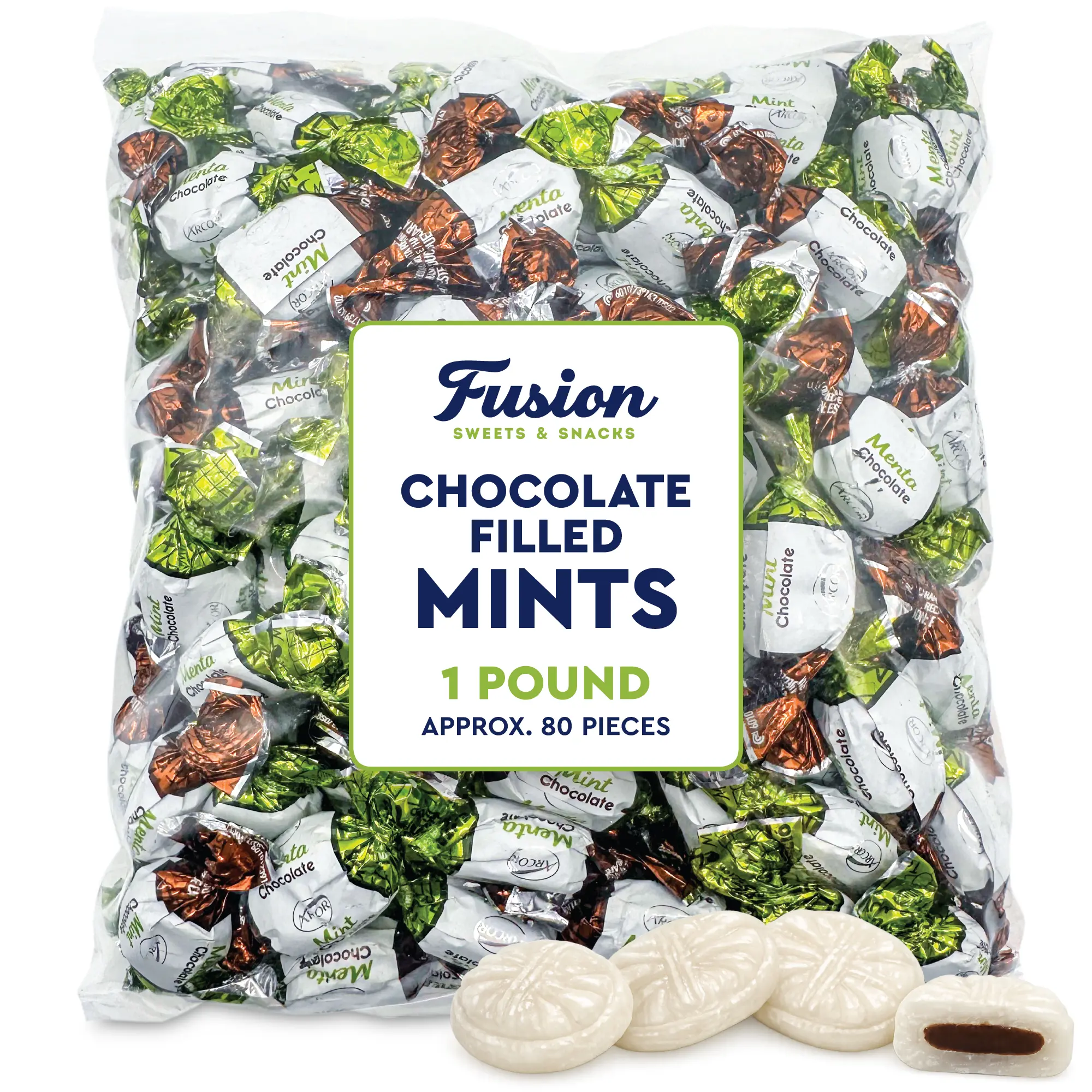 Arcor Natural Cocoa Filled Round Cool Mint Boiled & Hard Candies - 1 lb Bulk Bag, Approx 80pcs, Everyday Cupboard & Holiday Snacks, Naturally Flavored Office Treats, Party Snacks