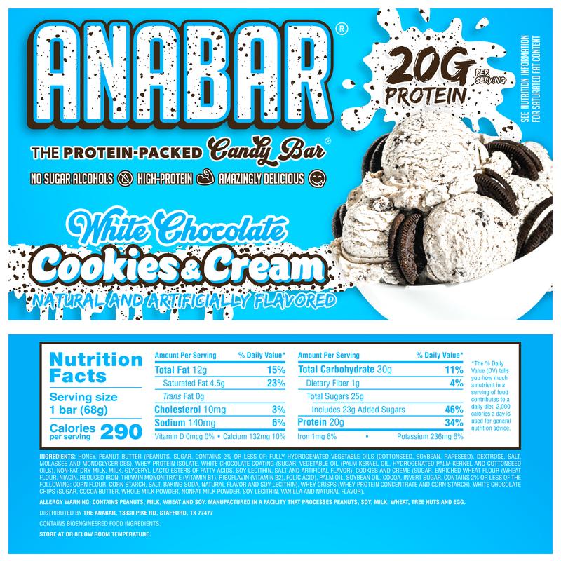 Cookies & Cream Anabar - 12 Pack - Best Tasting Protein Bar With 20g Protein & No Sugar Alcohols. Candy Bar Flavor With Protein Bar Nutrition.