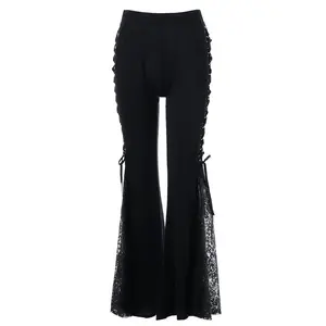 Womens Gothic Pants Punk Midi Waist Grunge Trousers Flare Leg Y2K Emo Pants Lace Patchwork Pants with Chain