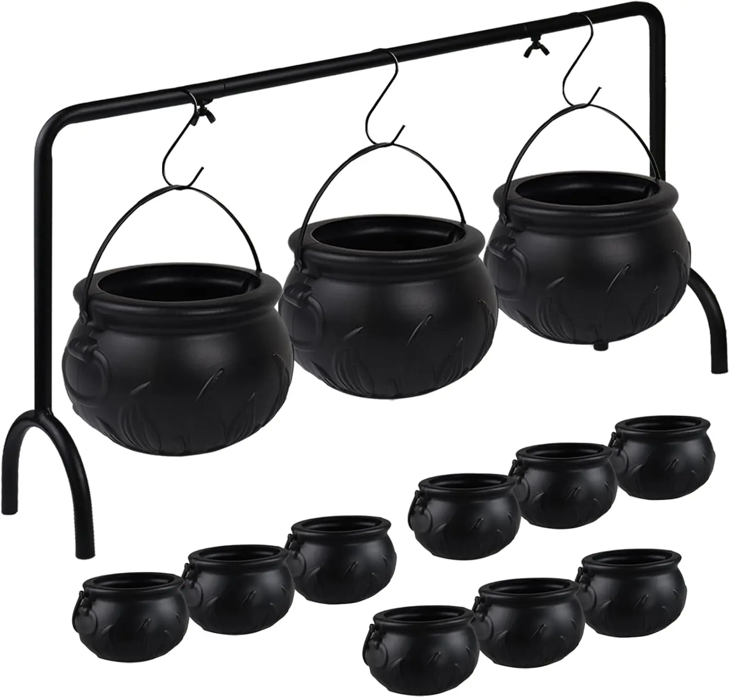 Halloween Fall Gift 12 Pcs Cauldron Halloween Party Decorations Witches Cauldron Bowls | Hanging Black Plastic Cauldron with Iron Rack Large Mini Candy Bucket Serving Punch Bowl for Table  Indoor Decor
